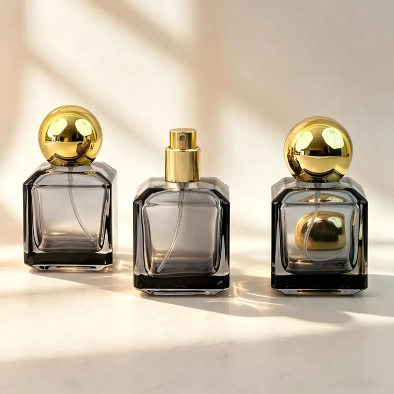 30ml Smoke Grey Glass Perfume Bottle with Gold Sphere Cap