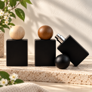 Matte Black Glass Perfume Bottle with Wooden Cap