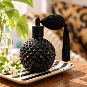 Textured Black Glass Perfume Bottle with Bulb Atomizer
